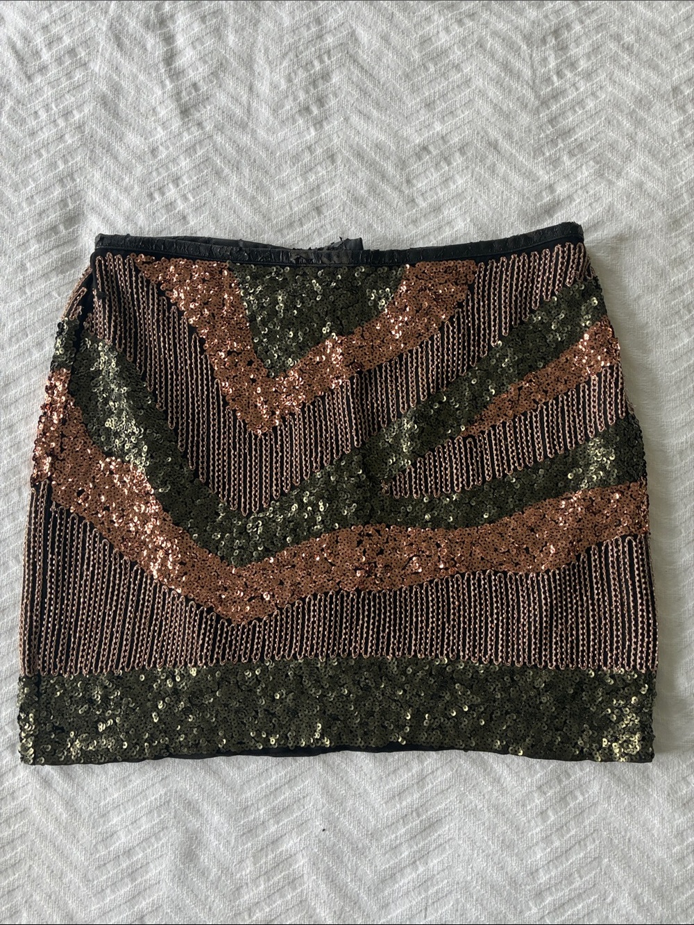 H&M Sequin Chevron Mini Skirt in Rose Copper Gold and Olive